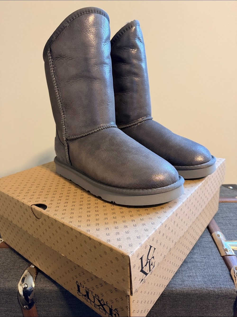 Australia Luxe Collective Gray/Silver Leather Shearling-Lined Mid-Calf Boots